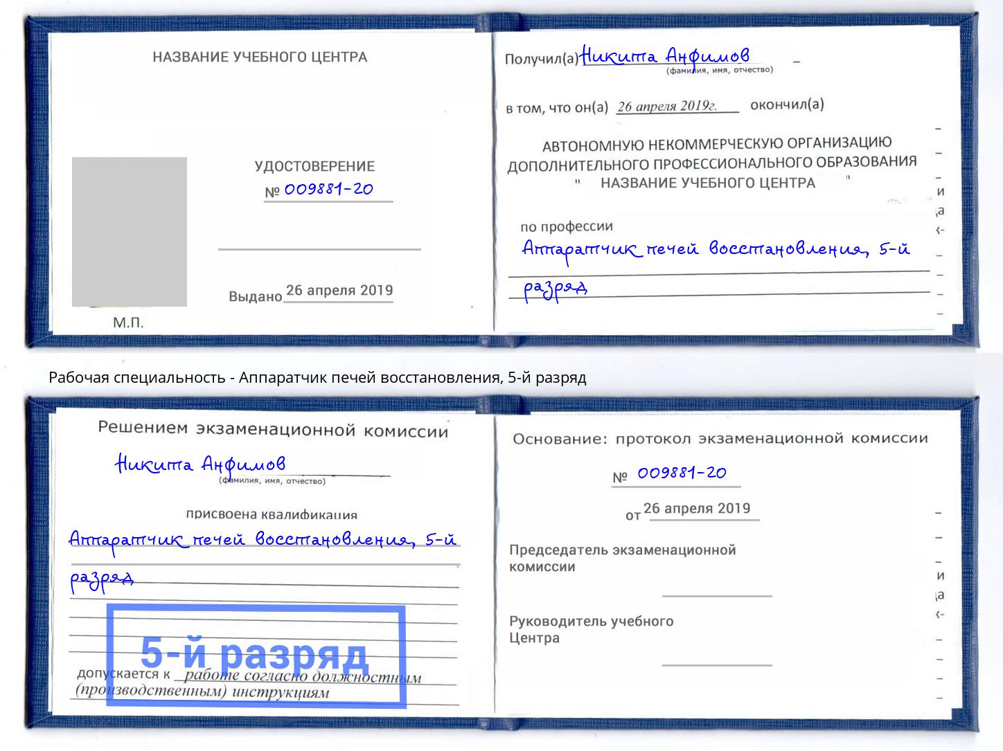 корочка 5-й разряд Аппаратчик печей восстановления Спасск-Дальний