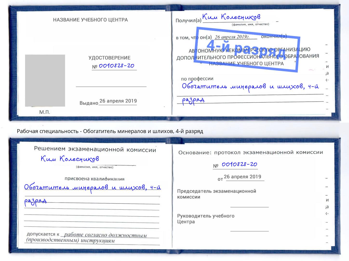 корочка 4-й разряд Обогатитель минералов и шлихов Спасск-Дальний