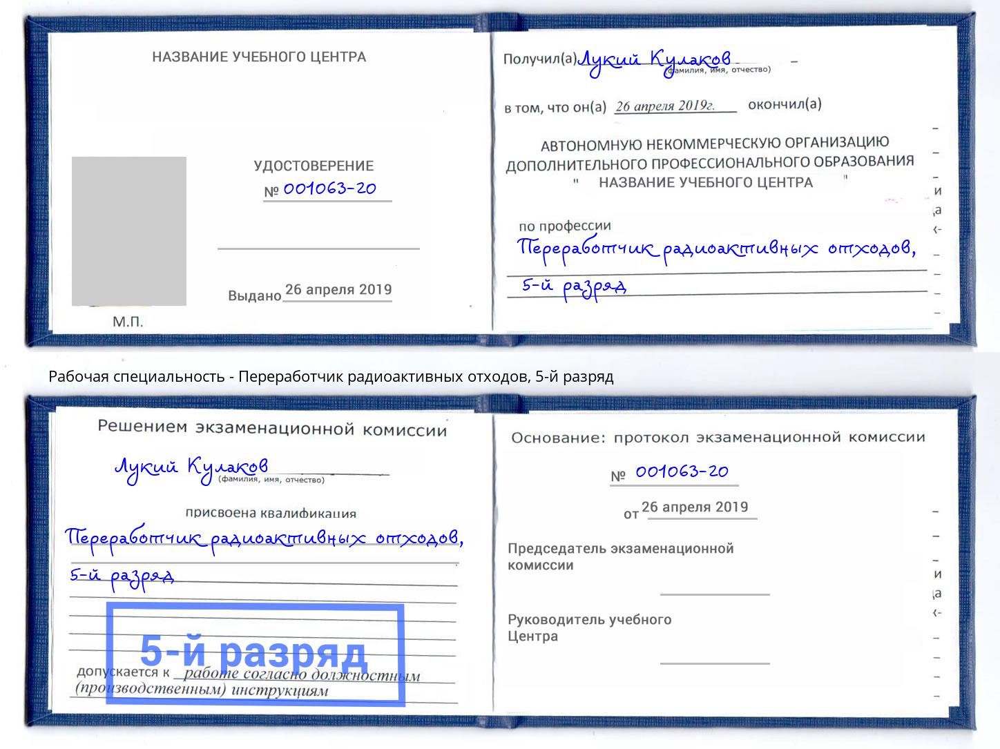 корочка 5-й разряд Переработчик радиоактивных отходов Спасск-Дальний