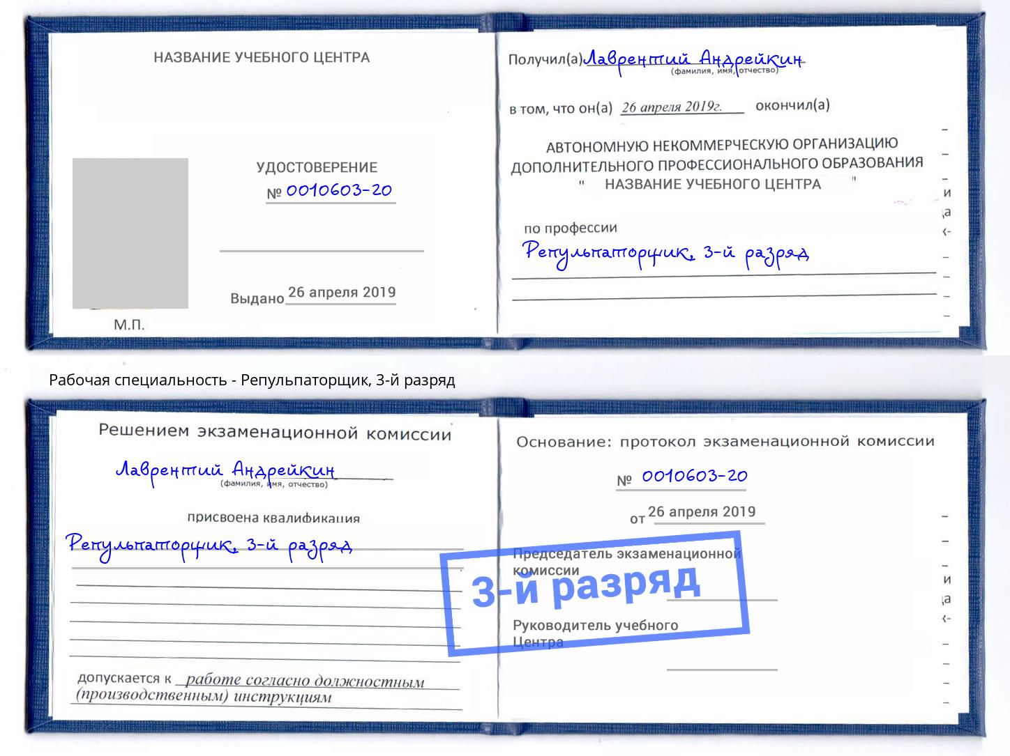 корочка 3-й разряд Репульпаторщик Спасск-Дальний