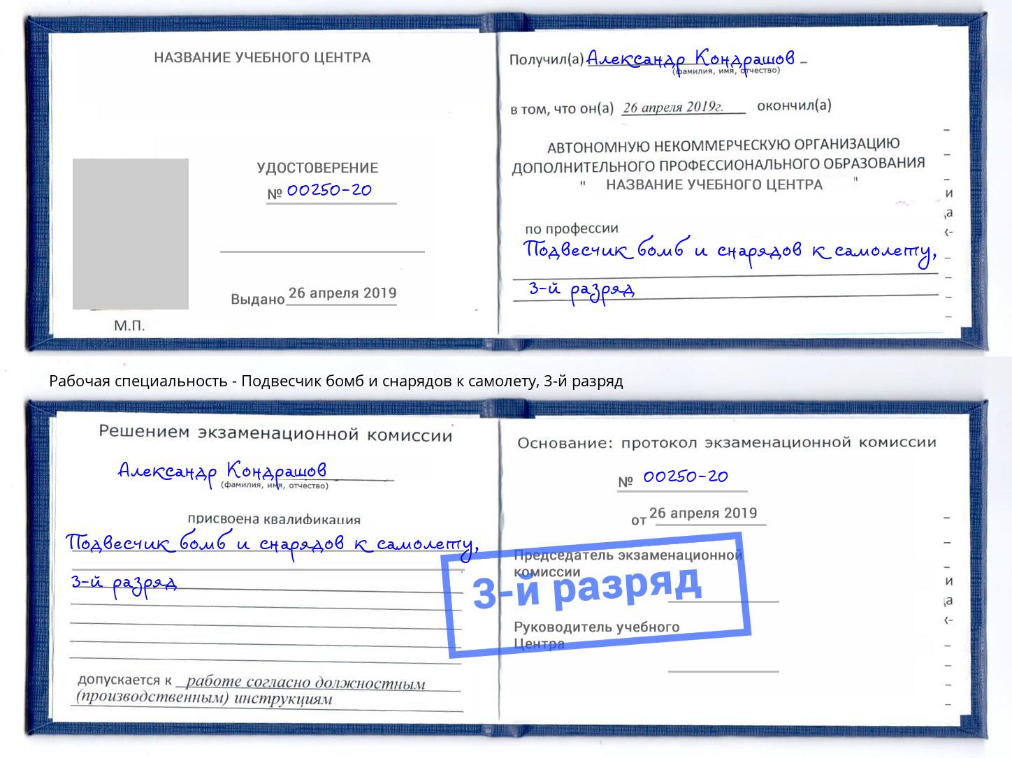 корочка 3-й разряд Подвесчик бомб и снарядов к самолету Спасск-Дальний
