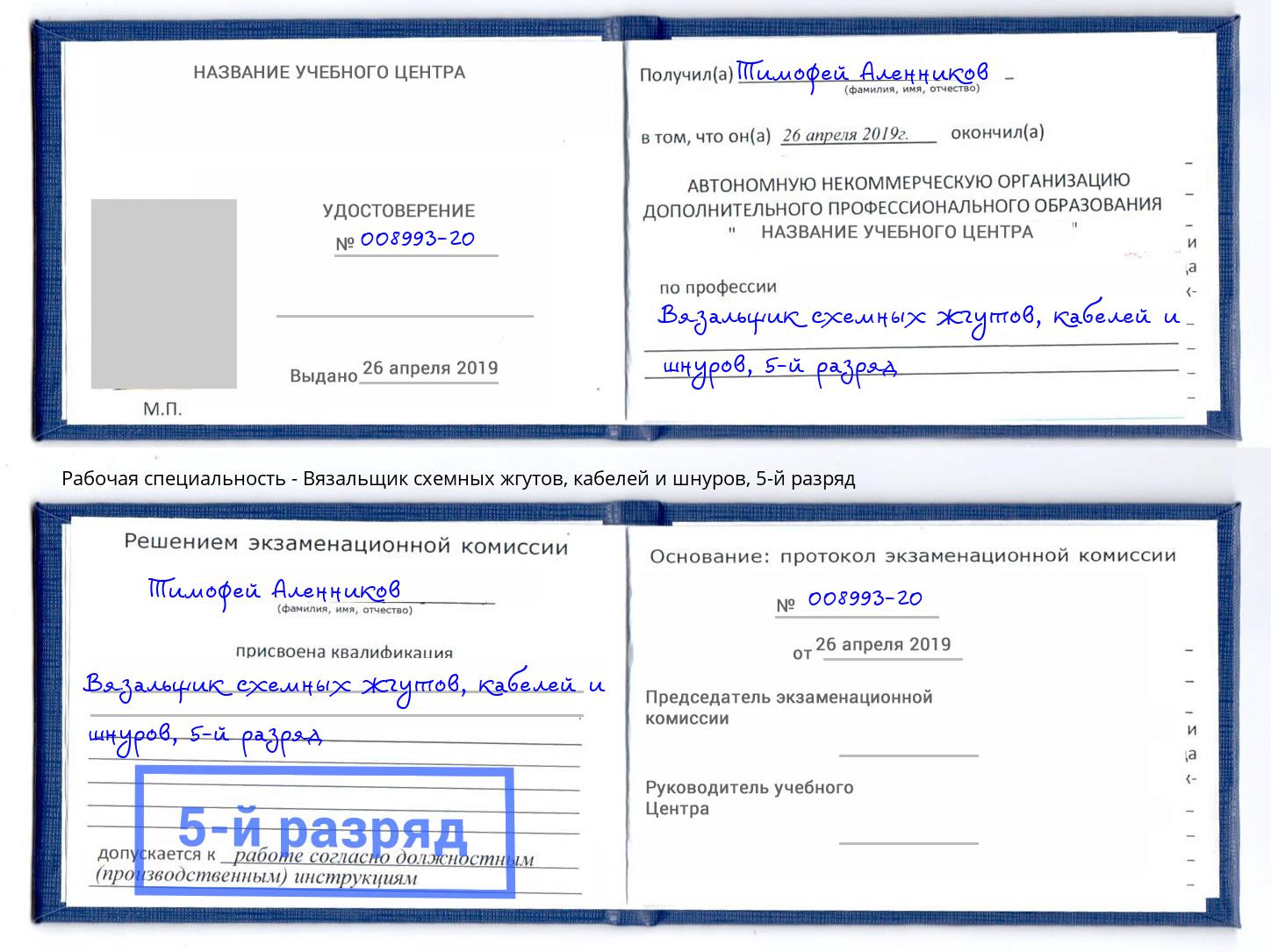 корочка 5-й разряд Вязальщик схемных жгутов, кабелей и шнуров Спасск-Дальний