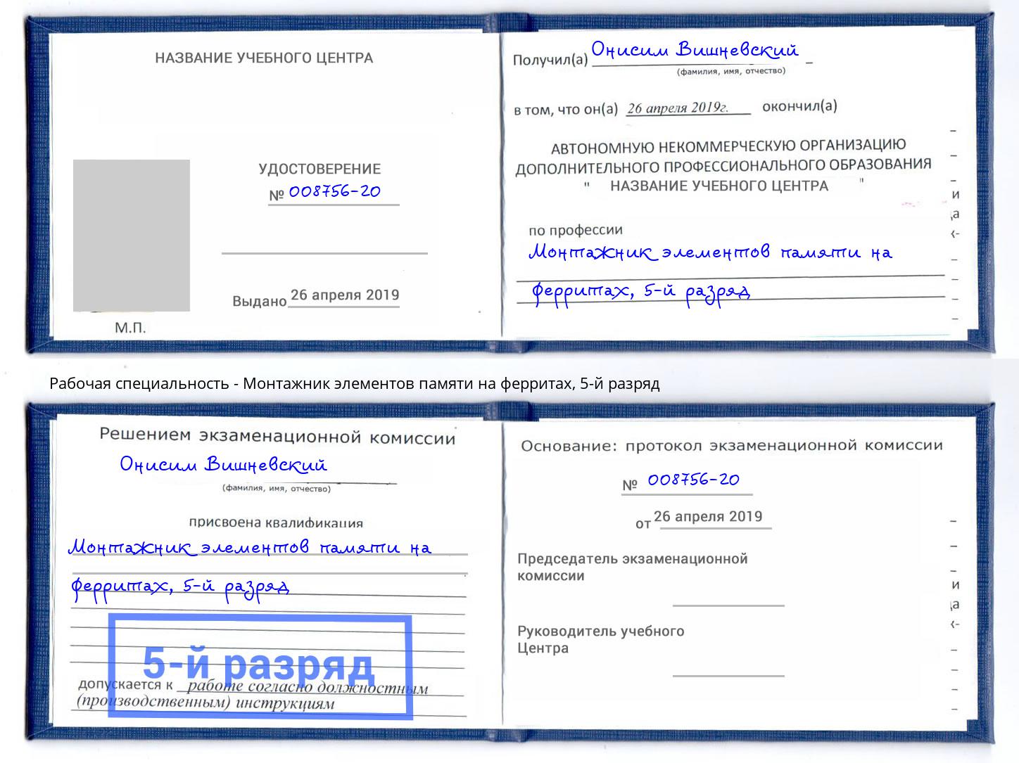 корочка 5-й разряд Монтажник элементов памяти на ферритах Спасск-Дальний