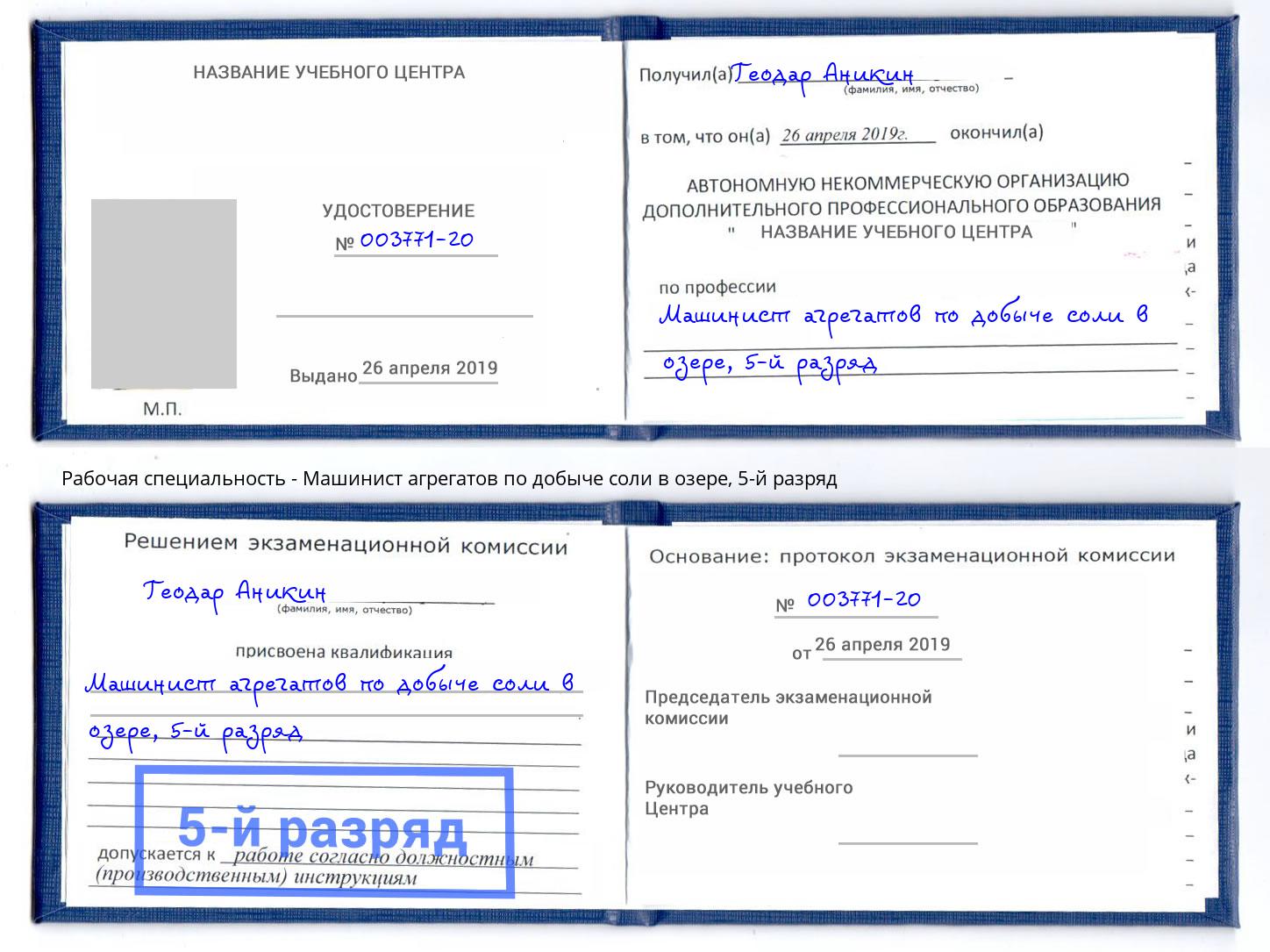 корочка 5-й разряд Машинист агрегатов по добыче соли в озере Спасск-Дальний