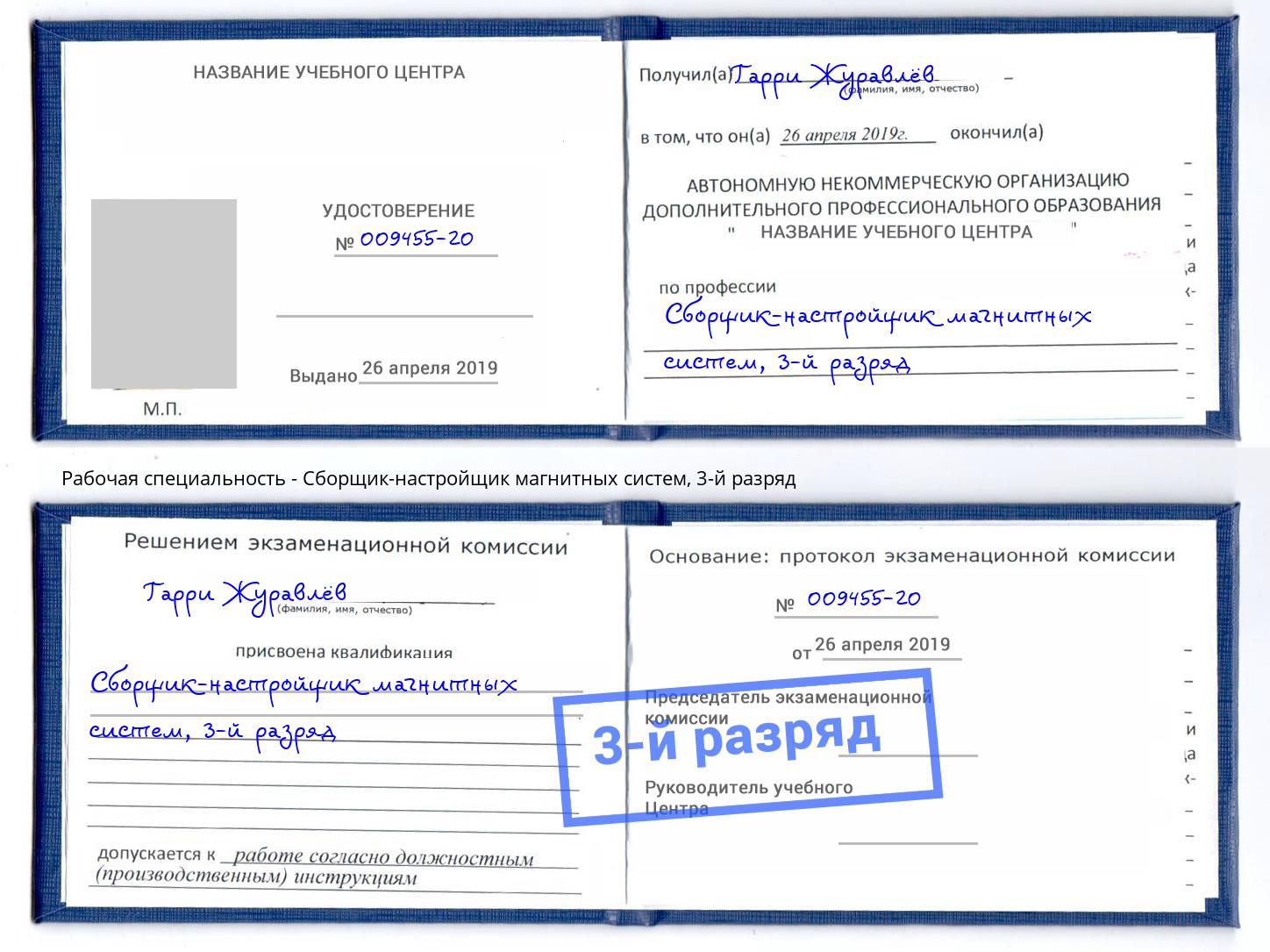 корочка 3-й разряд Сборщик-настройщик магнитных систем Спасск-Дальний
