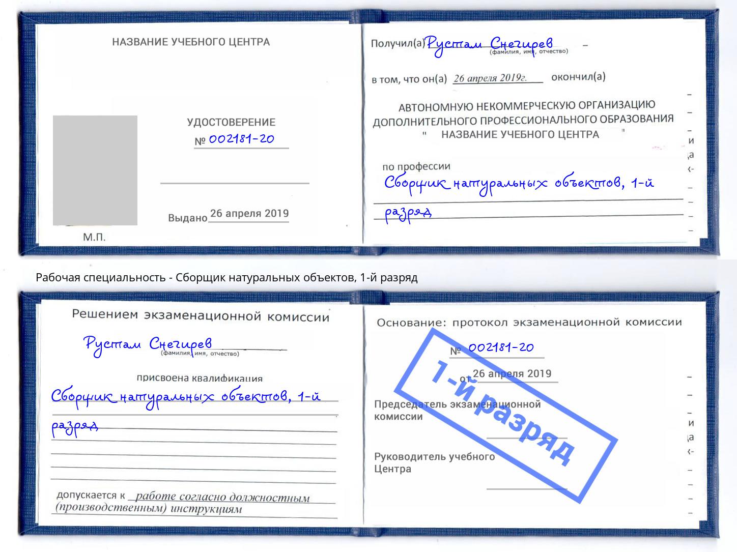 корочка 1-й разряд Сборщик натуральных объектов Спасск-Дальний